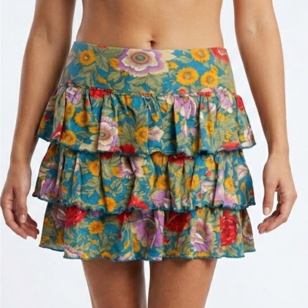 E-vie Whimsigoth Floral Tiered Ruffle Mini Skirt Y2K Boho Fairy Medium
